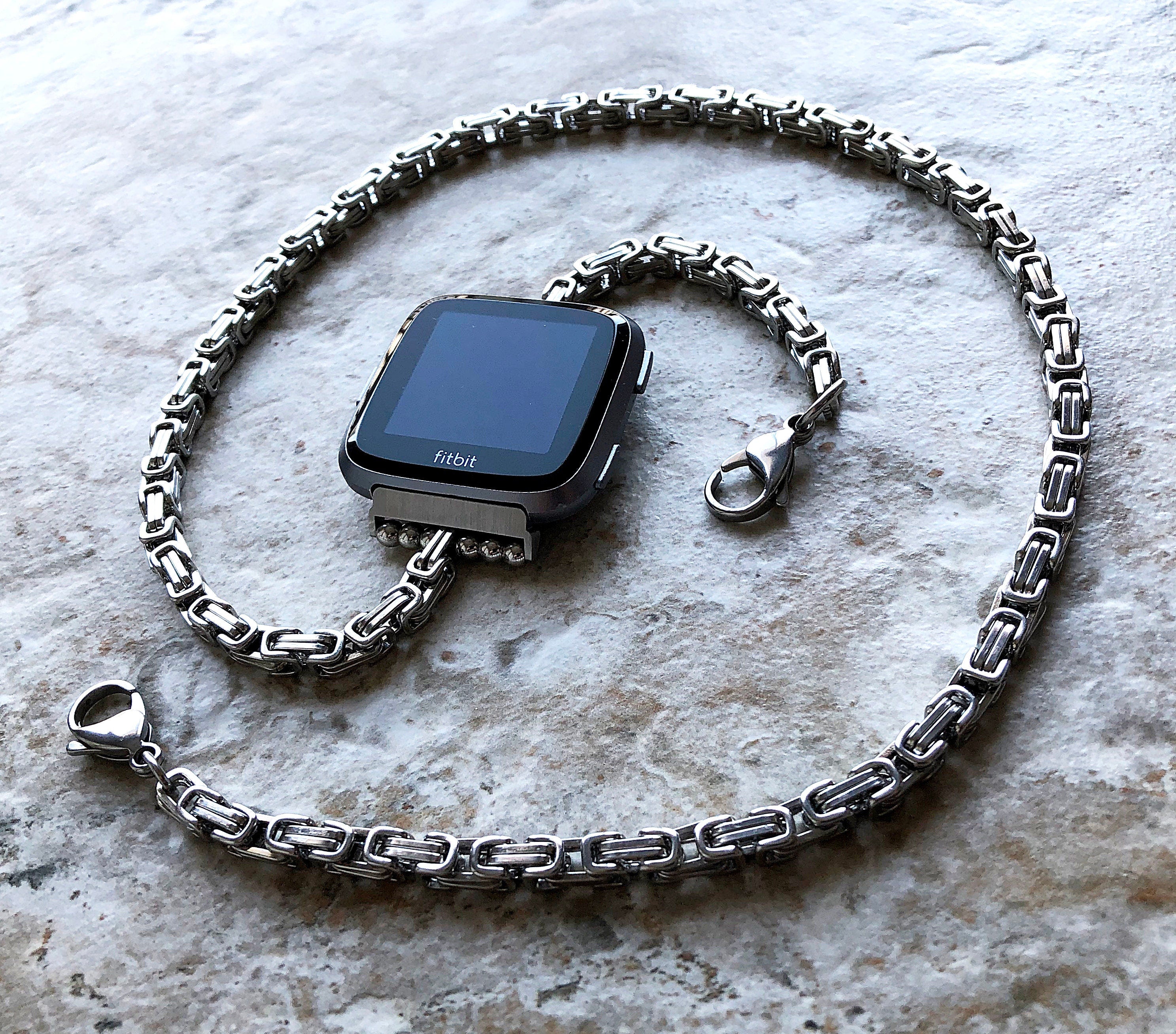 Fitbit Versa 2 3 4 Sense 2 Handmade Bracelet Band Byzantine Chain 4mm Triple Around Wrist Style Tarnish Resistant Silver Stainless Steel